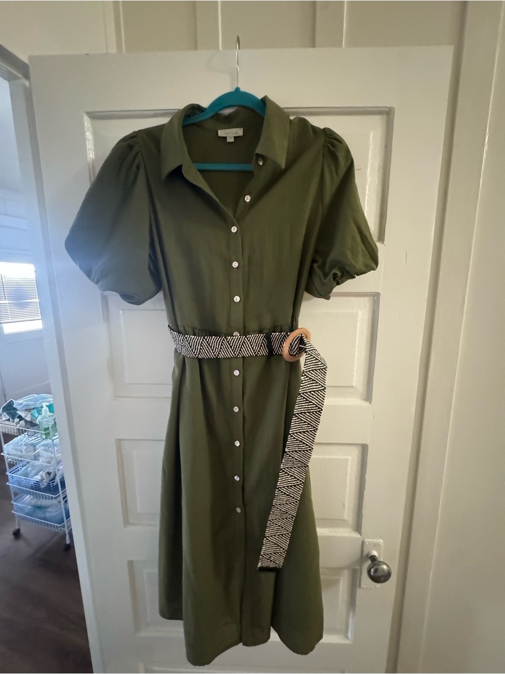 Chenault Olive Green Button-Front Midi Dress with Puff Sleeves